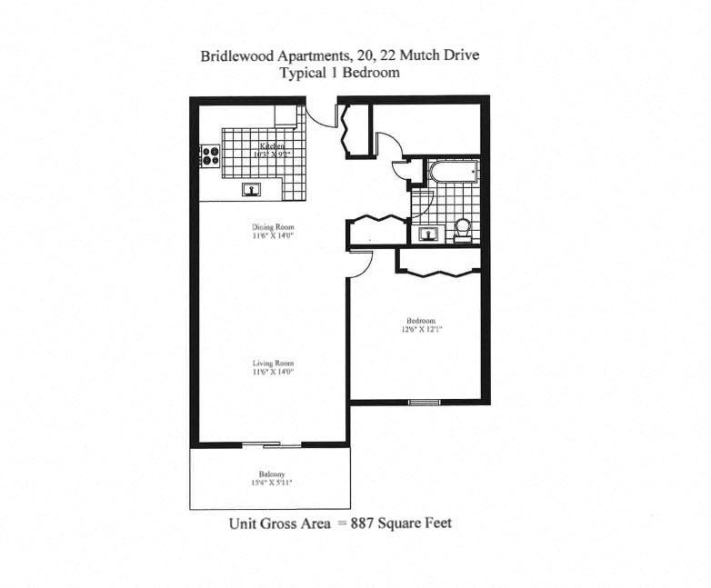 Floor plan for 1 bed, 1 bath, 887 sqft
